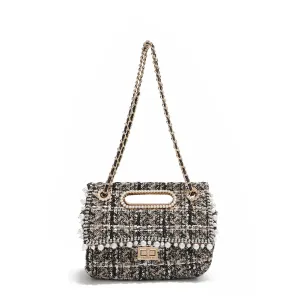 BOLSO CLUTCH ESTILO TWEED CON SOLAPA (BEIGE)