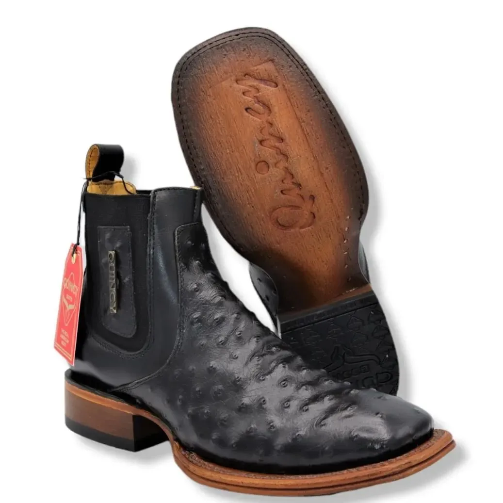 Botines de Avestruz Grabado con Punta Cuadrada Color Negro Q82B0305