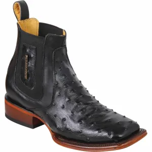 Botines de Avestruz Grabado con Punta Cuadrada Color Negro Q82B0305