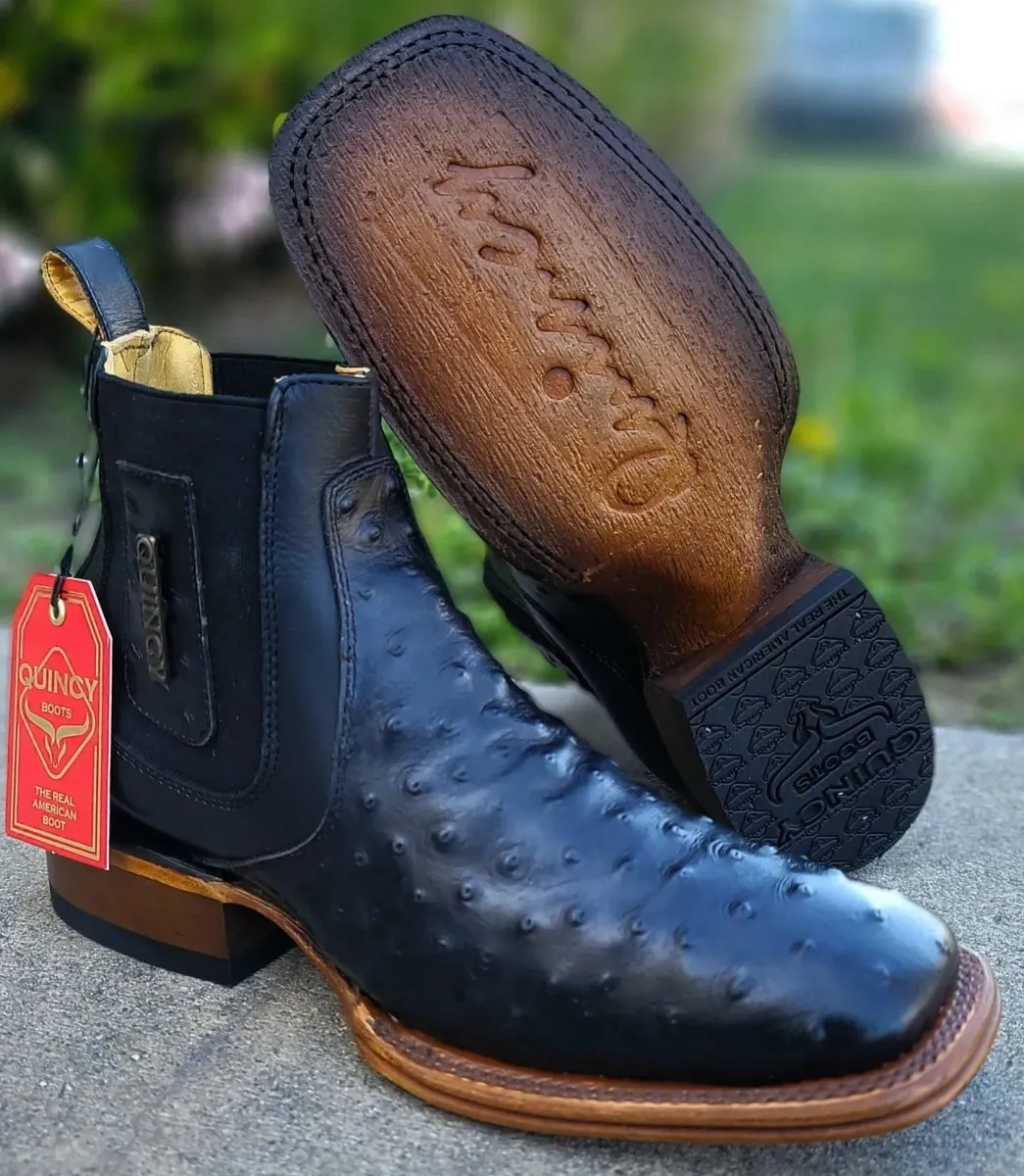 Botines de Avestruz Grabado con Punta Cuadrada Color Negro Q82B0305