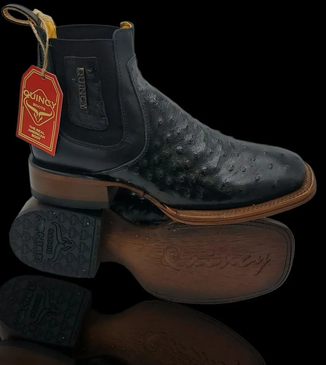 Botines de Avestruz Grabado con Punta Cuadrada Color Negro Q82B0305