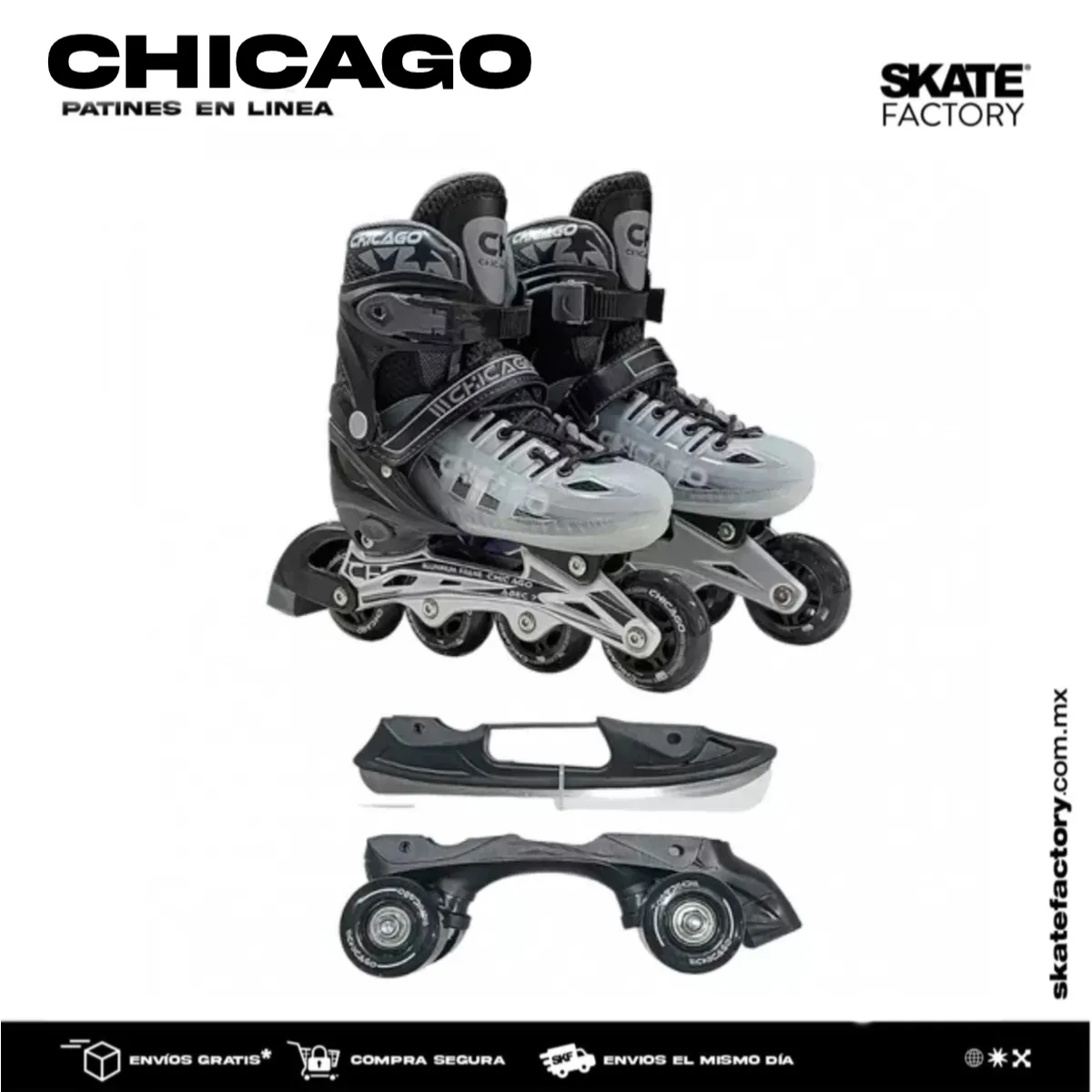PATINES EN LINEA CHICAGO AJUSTABLES 3 EN 1 NEGRO