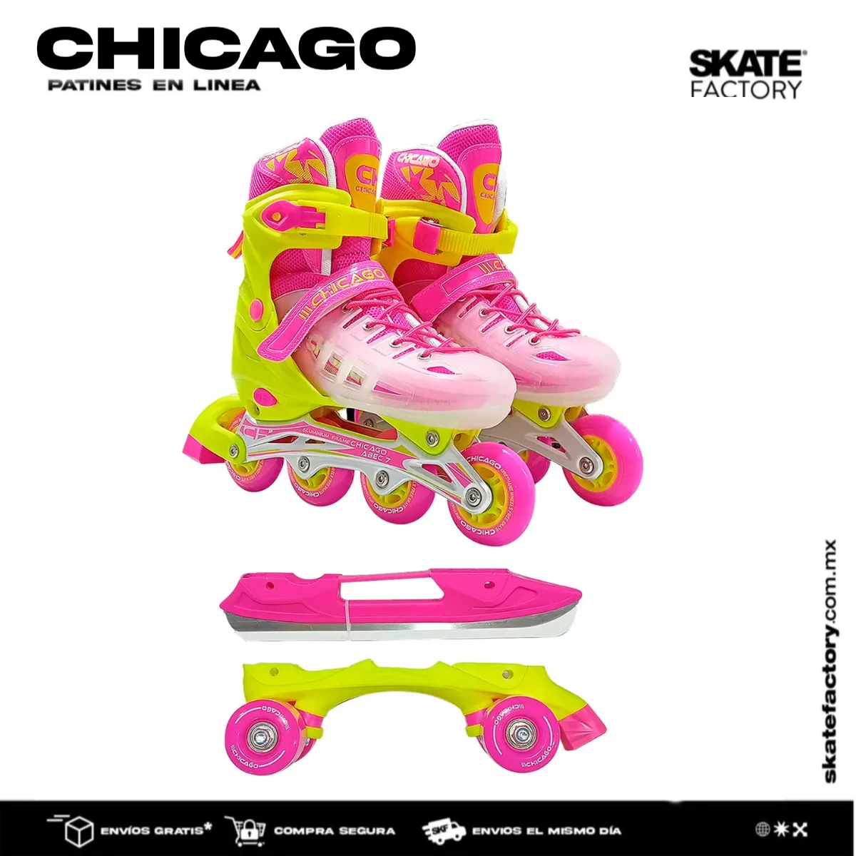PATINES EN LINEA CHICAGO AJUSTABLES 3 EN 1 ROSA AMARILLO