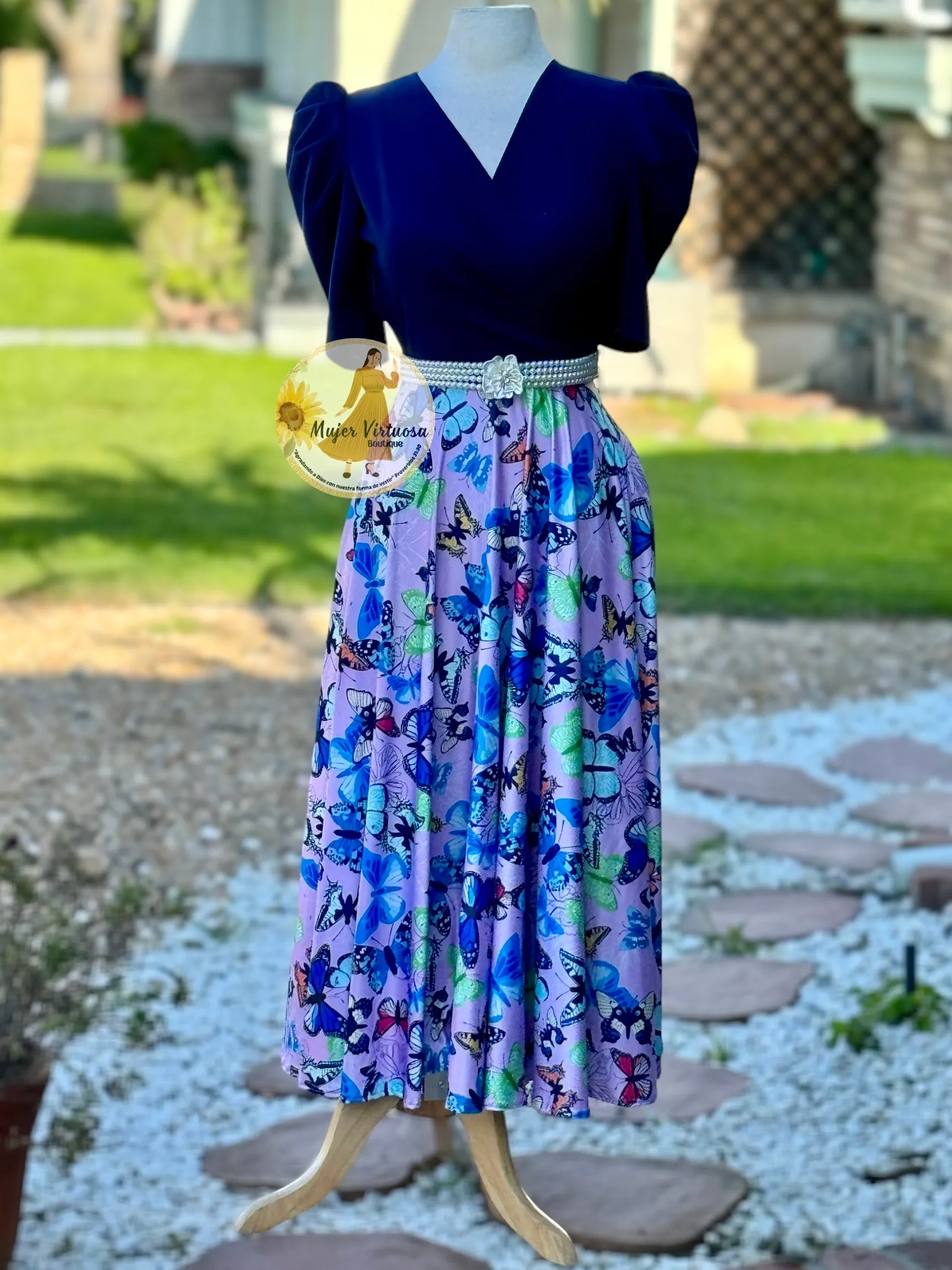 Susan Navy & Lilac Butterfly Maxi Dress